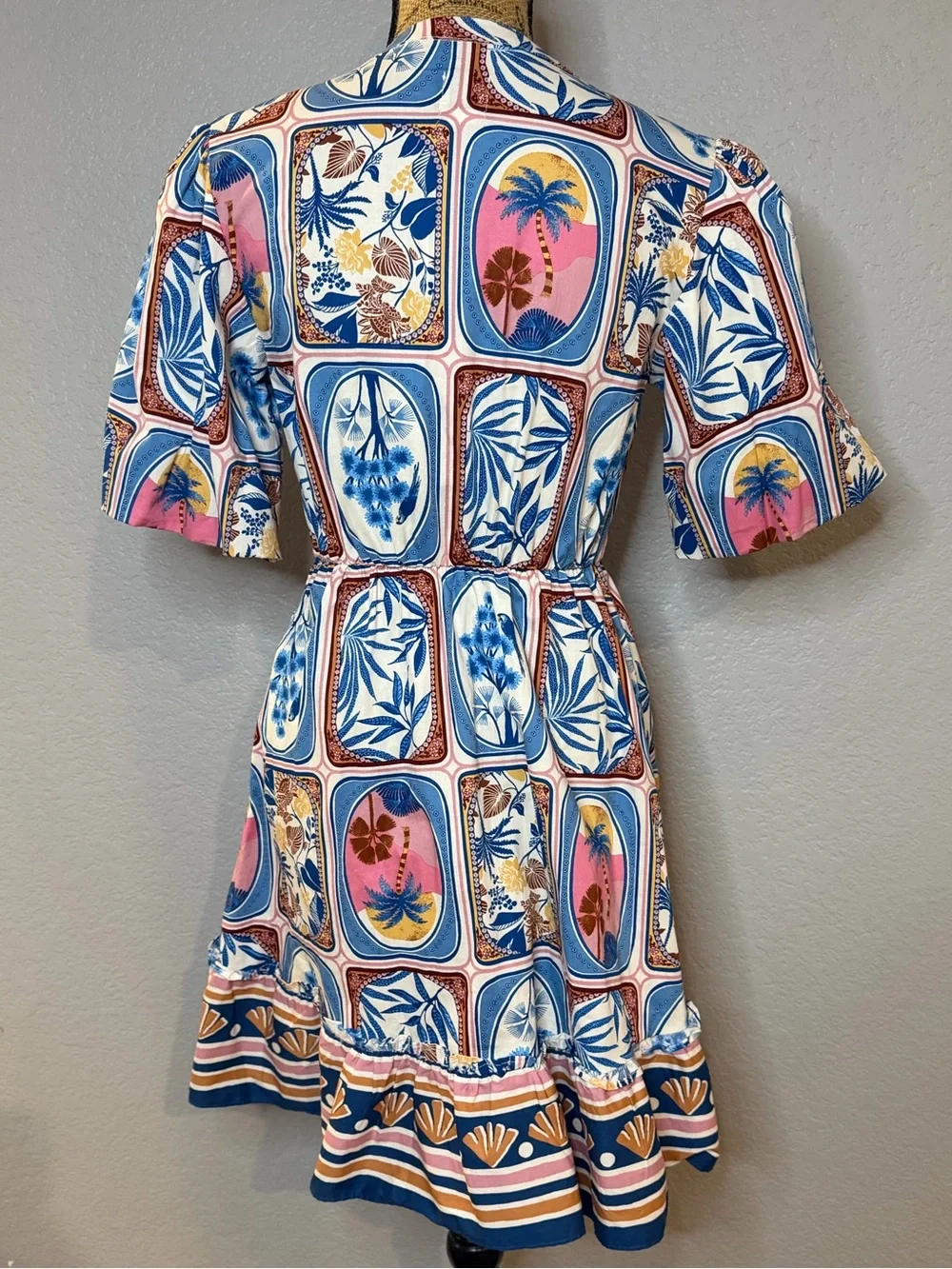 Joie Tile Beach Floral Mini Dress in Blue, Pink & Tan - Picture 4 of 5